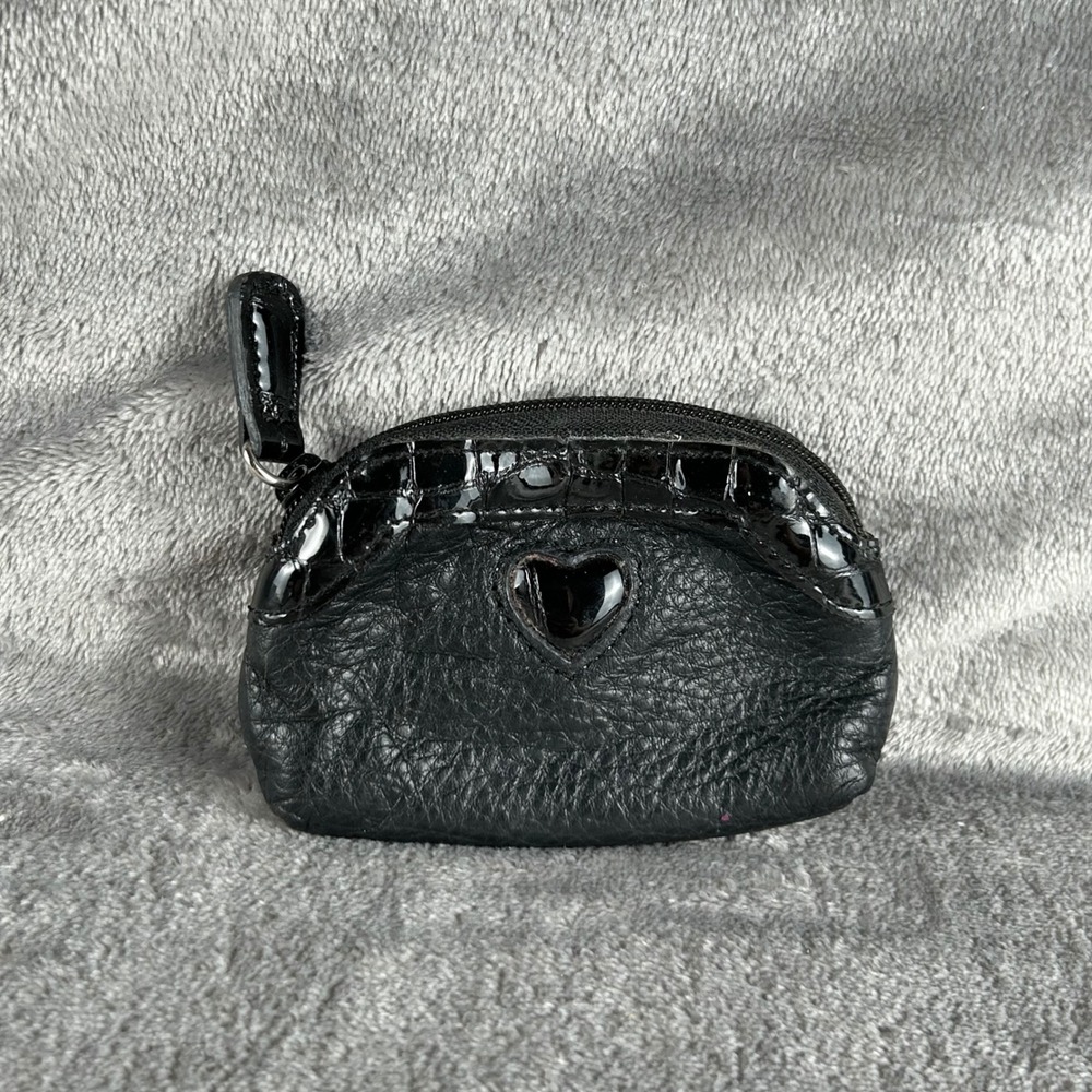 Brighton Vintage Black Leather Coin Purse Heart Croc Patent Trim Leopard Lining